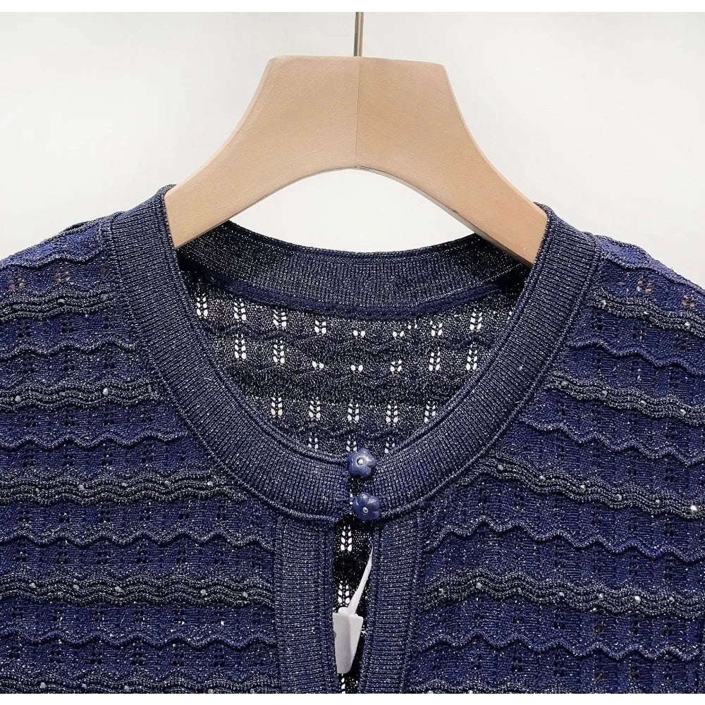 Women Diamond Embellished Sparkling Knitted Dress Hollow Out Elegant Female O-Neck Navy Blue Single Breasted Knit Midi Robe