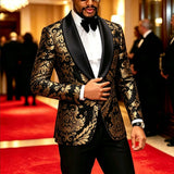 Men Black Gold Floral Jacquard Blazer Black Satin Shawl Lapel Slim Fit Jacket Wedding Groom Tuxedo For Party Prom
