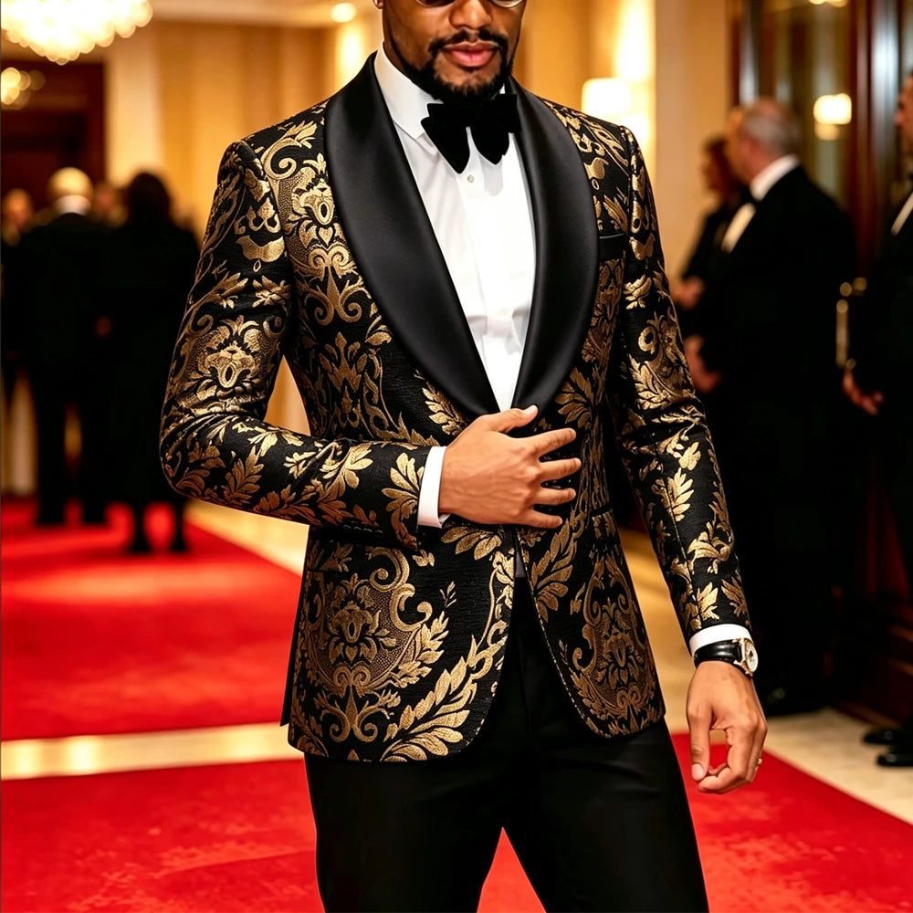 Men Black Gold Floral Jacquard Blazer Black Satin Shawl Lapel Slim Fit Jacket Wedding Groom Tuxedo For Party Prom