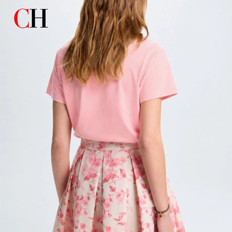 CH Women's Pink Cotton T-Shirt Embroidered Letter Short Sleeve Casual Summer Basic Top