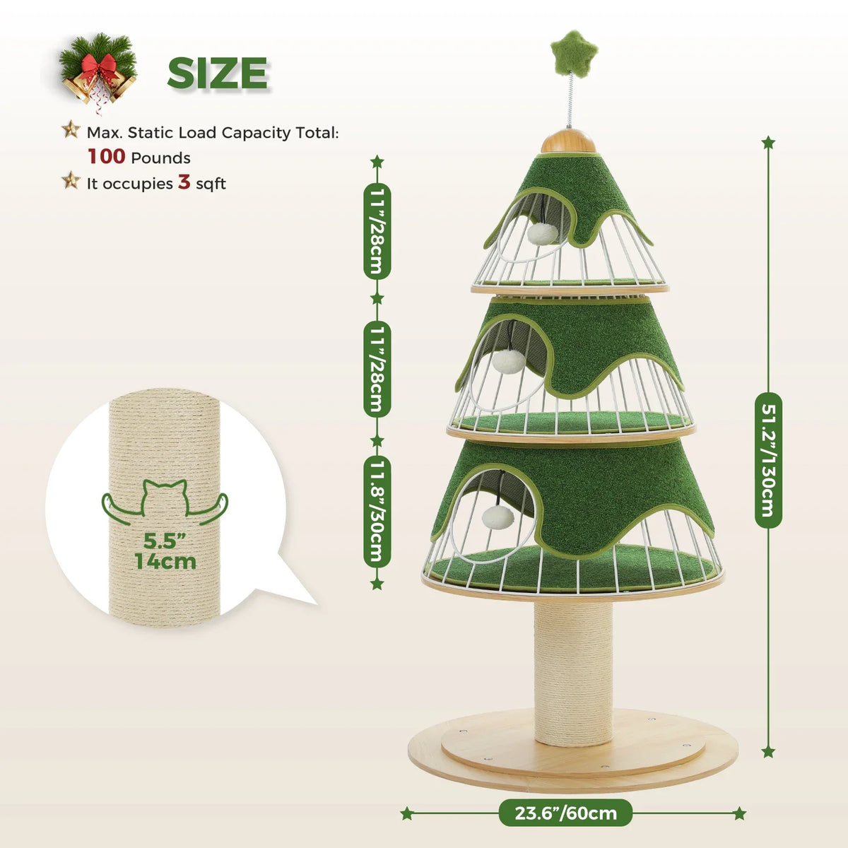 Cat Christmas Tree Modern Cat Tree with Thick Scratch Post Wood Tower 3 Condos-Heavy Furniture Replaceable Mat