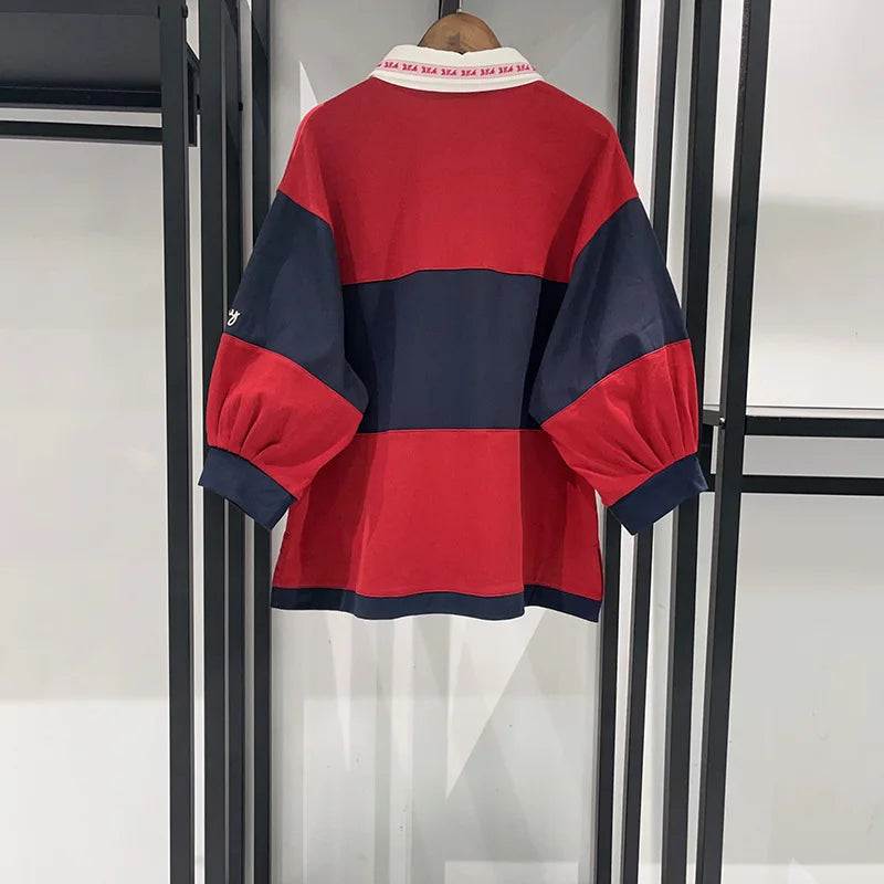 navy red striped Embroidered T-shirt women turn down collar half sleeve casual autumn Tshirt female new