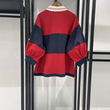 navy red striped Embroidered T-shirt women turn down collar half sleeve casual autumn Tshirt female new