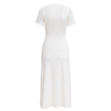 Summer Elegant Lady Knitted Single Breasted Long Dresses Women Solid Short Sleeve O Neck Button Bodycon Party Female Vestidos