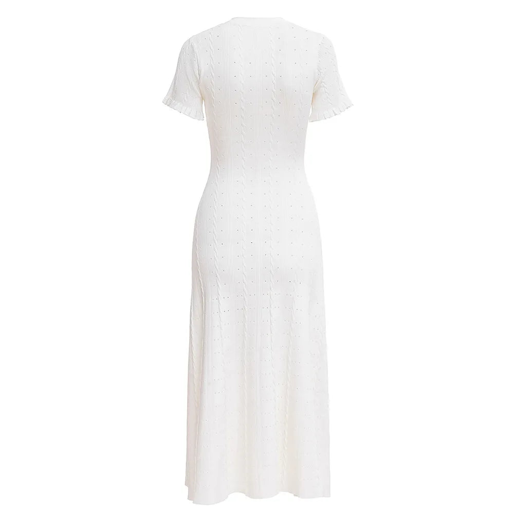 Summer Elegant Lady Knitted Single Breasted Long Dresses Women Solid Short Sleeve O Neck Button Bodycon Party Female Vestidos