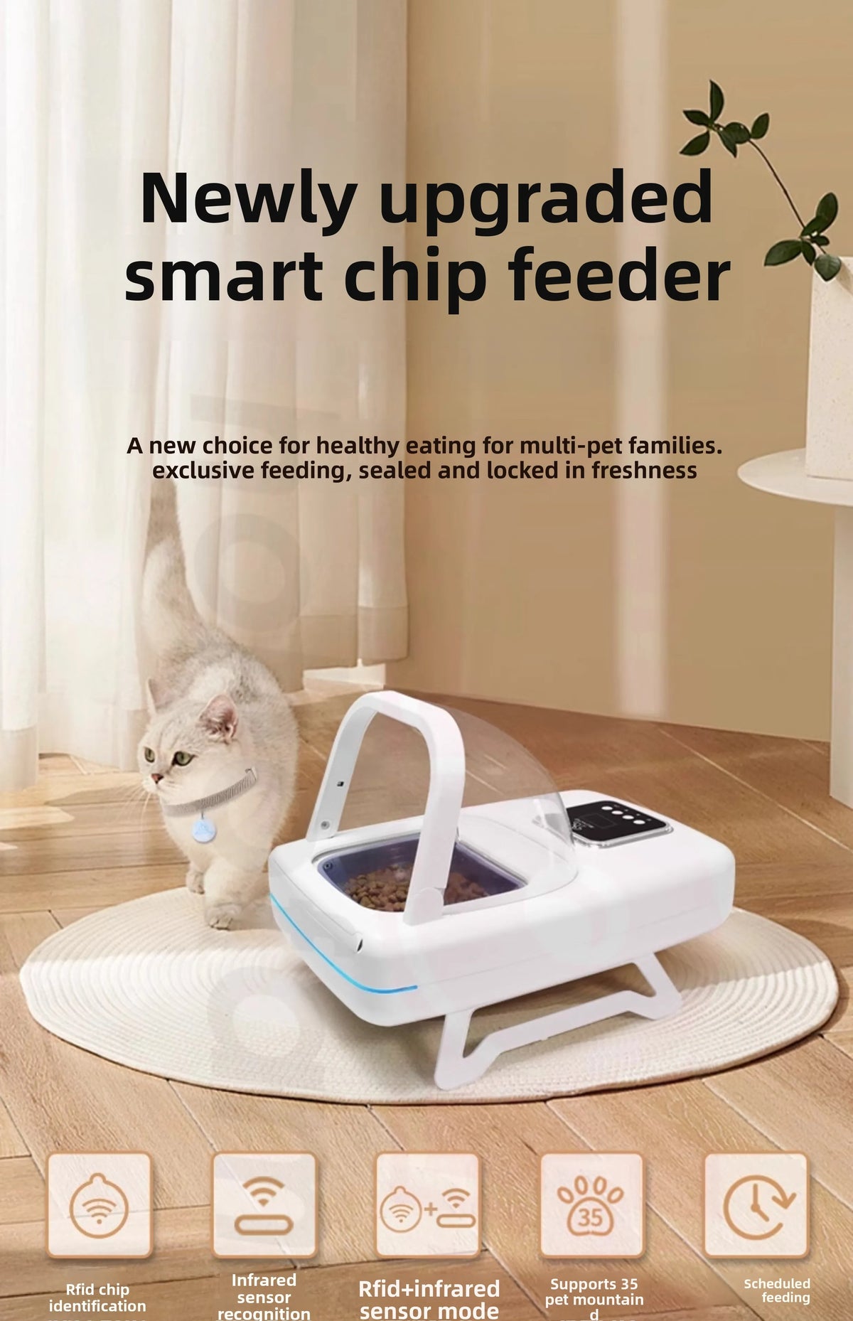 Microchip Pet Feeder, Automatic Cat Feeder with Infrared Sensor, Timed Feeder for Multiple Cats, Anti-Sneak Eating