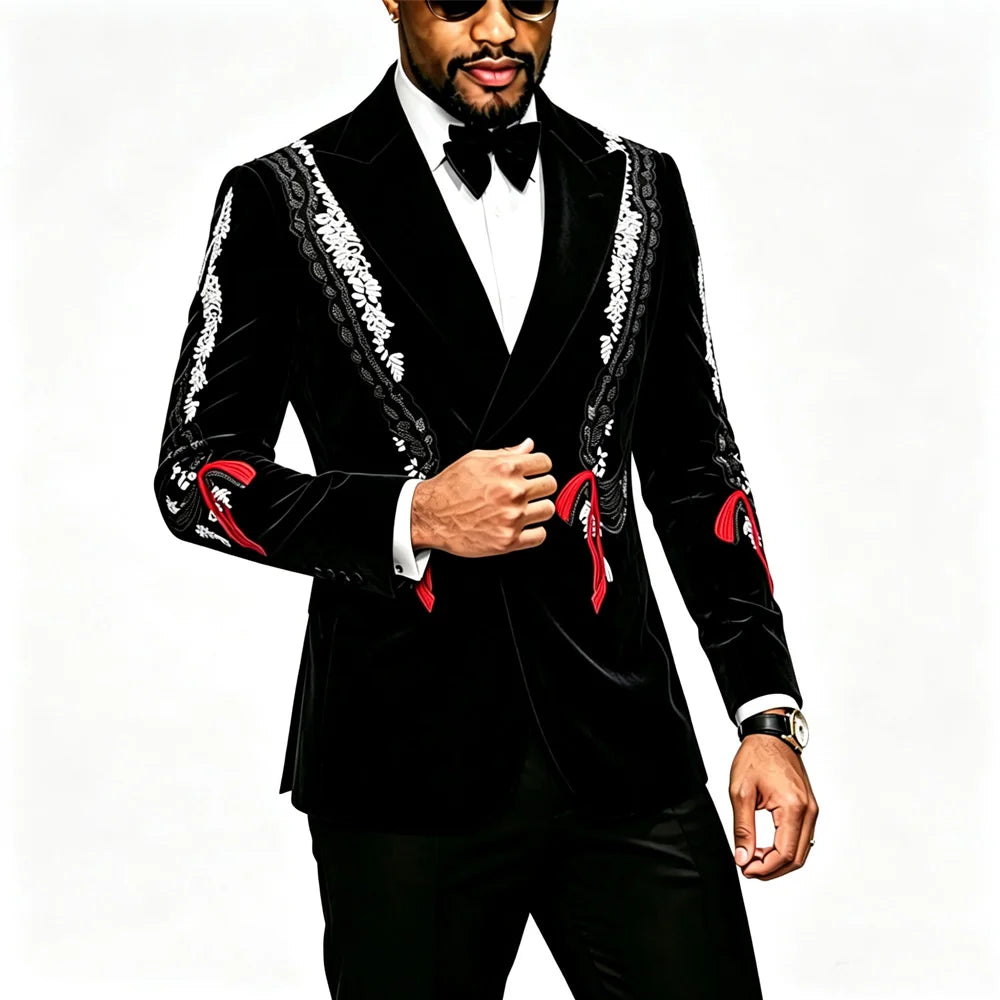 Men Black Velvet Blazer White Floral Embroidery Peak Lapel Red Tassel Slim Fit Jacket Wedding Groom Tuxedo For Party Prom
