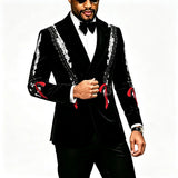 Men Black Velvet Blazer White Floral Embroidery Peak Lapel Red Tassel Slim Fit Jacket Wedding Groom Tuxedo For Party Prom