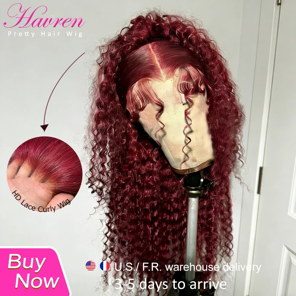 99J Burgundy Lace Front Wigs Human Hair 13x6 Deep Wave HD Lace Frontal Wigs Pre Plucked Human Hair Curly Wigs for Women 36 Inch