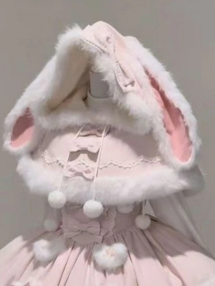 Japanese Lolita Two Pieces Set Women Sweet Patchwork Furry Slip Dress + Sweet Cute Rabbit's Ears Hooded Cape Coat JK Bow Suit