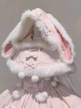 Japanese Lolita Two Pieces Set Women Sweet Patchwork Furry Slip Dress + Sweet Cute Rabbit's Ears Hooded Cape Coat JK Bow Suit