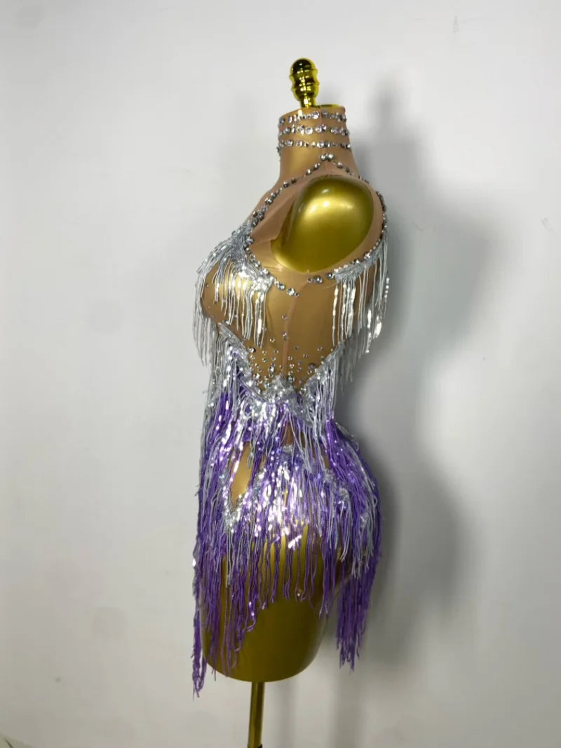 Stock Nightclub Singer Dance Stage Costume Evening Gowns Women Sexy Stretch Mesh Sparkly Rhinestone Tassels Mini Dress
