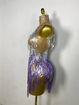 Stock Nightclub Singer Dance Stage Costume Evening Gowns Women Sexy Stretch Mesh Sparkly Rhinestone Tassels Mini Dress