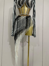 2025 New Shiny Diamond Sequin Tassels Sexy Mesh Long Sleeved Two Piece Set Women Evening Birthday Party Nightclub Stage Costume