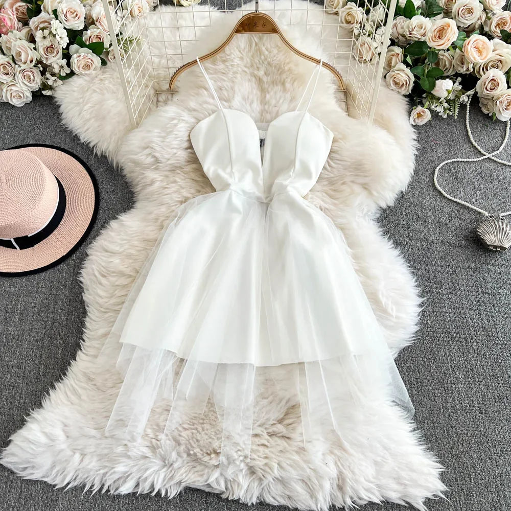 Foamlina White Princess Dress Women's Spring Autumn 2026 New Waist Tight Backless Black Mesh Splicing Tube Top Tutu Dress