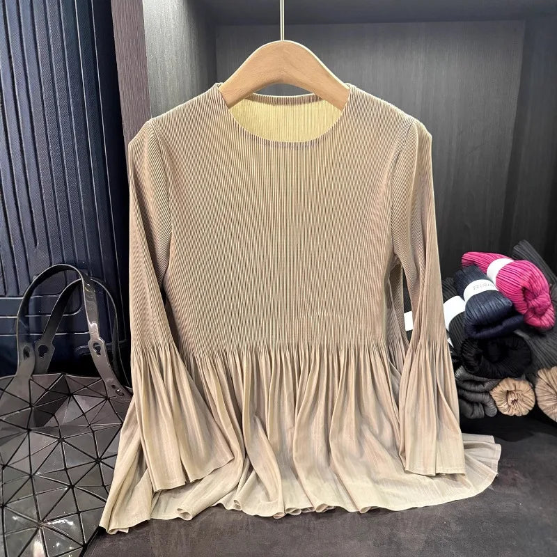 Pleated Long Sleeve T-Shirt Simple Casual Solid Color Versatile Patchwork Stretch Top Women Lightweight Stretch Clothing