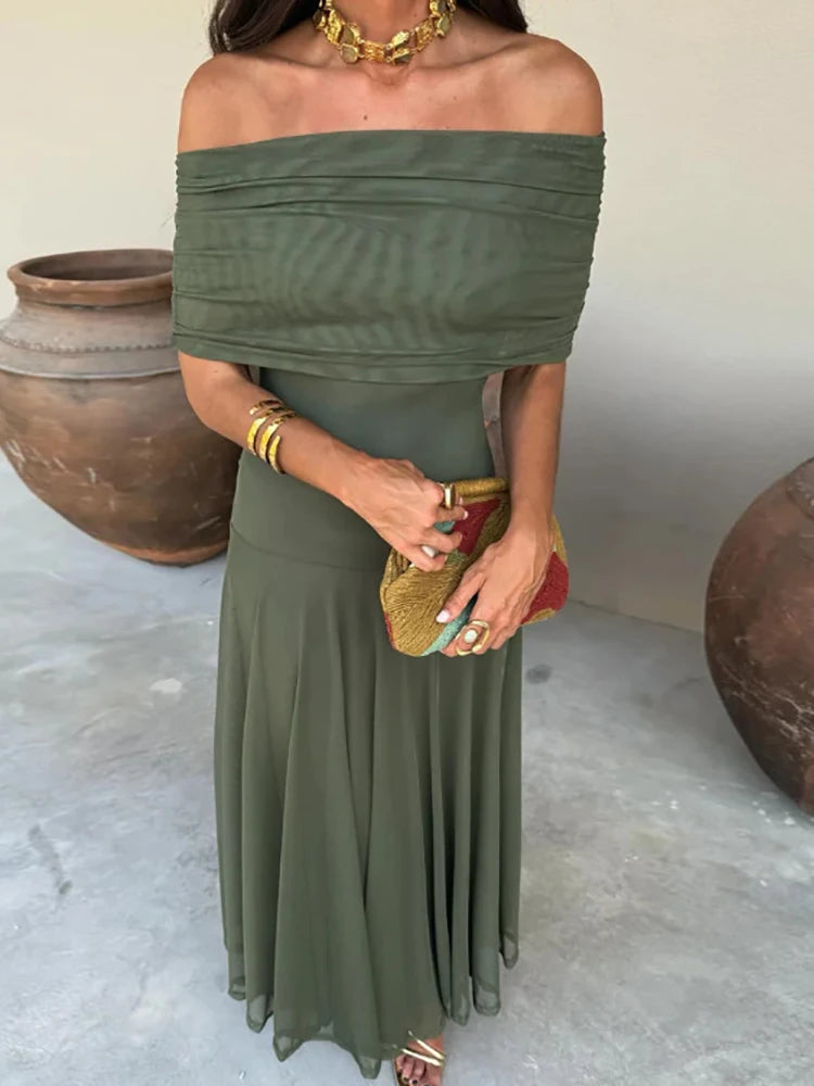 Women Diagonal Collar Summer Solid Long Dress Female Sleeveless Backless Pleated Party Dress 2023 Casual Streetwear Maxi Dresses