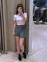 Pink Women Hollow Out Slim Simple Knitted Tee O-Neck Short Sleeve Tops Summer