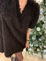 Chic Autumn Winter Short Sleeve V Neck Fluffy Casual Color Dress Women's Loose Fit City Walk a Line Skirt Korean Style