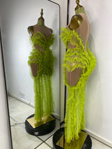 Women Luxury Green Prom Gowns Sleeveless Turtleneck Rhinestones Mesh Ruffles Transparent Maxi Long Evening Party Stage Costumes