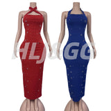 HLJ Elegant Pearls Patchwork Bodycon Dresses Women Halter Backless Printing Skinny Dress Female Party Clubwear Vestidos 2025 New