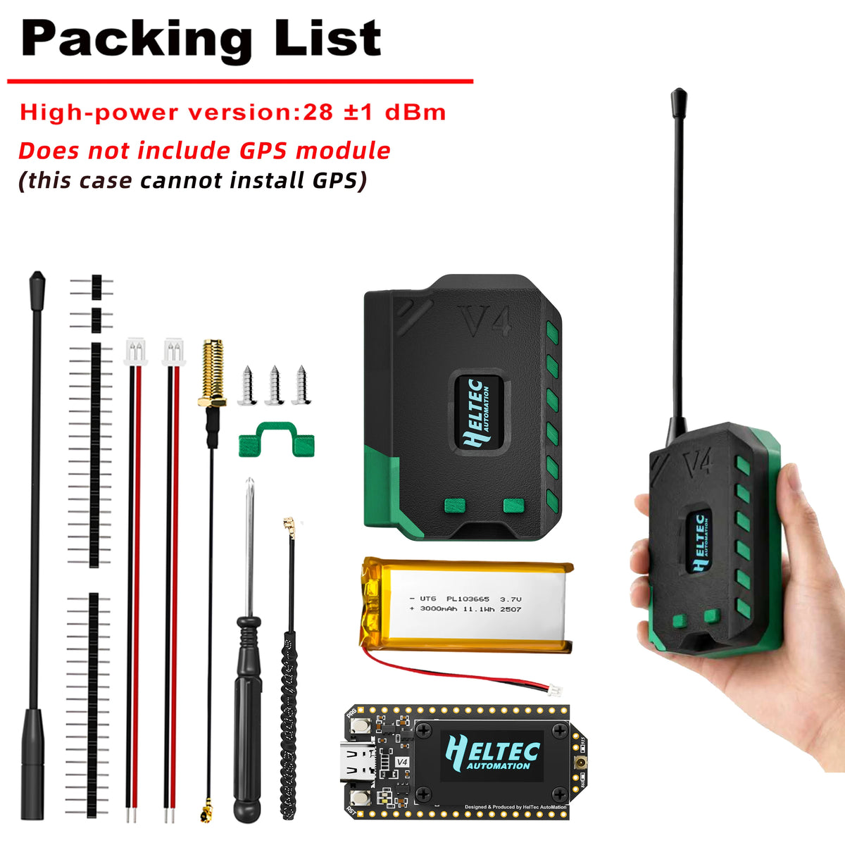 Heltec V4 Meshtastic WiFi LoRa 32 Dev-Board Case Set with 3000mAh Battery Soft Antenna ESP32 SX1262 Solar Powered BLE High Power