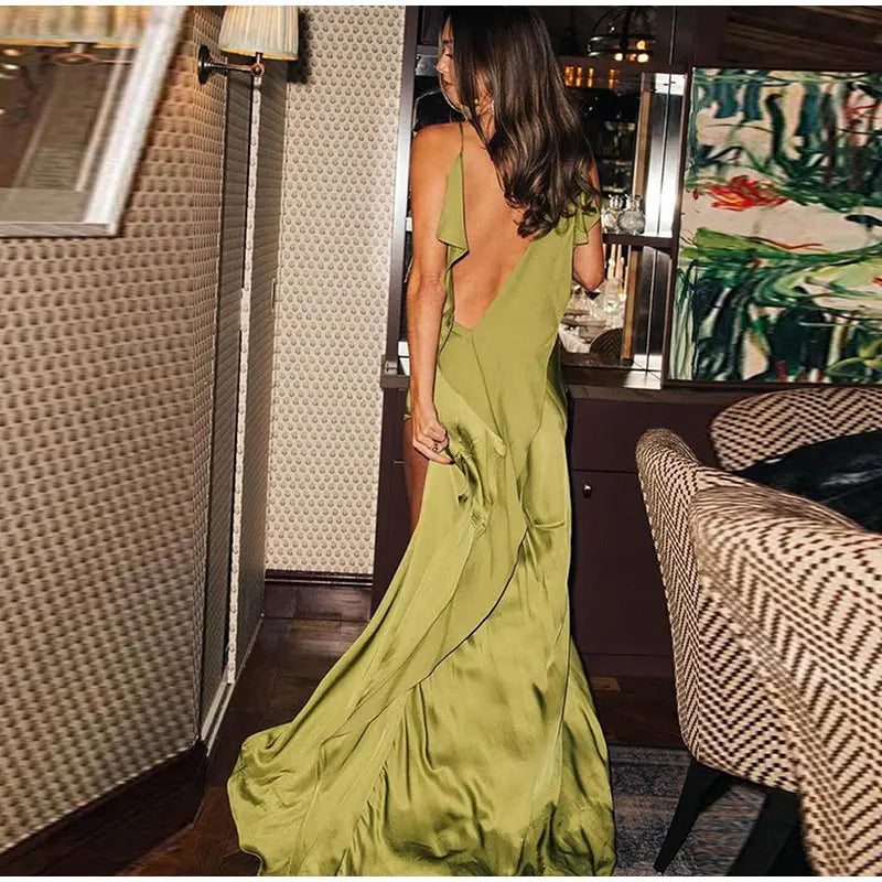 Sexy Satin Ruffles Sling Long Dress Women Ribbon Sleeveless Backless Split Dresses Lady 2026 Summer New Party Club Robes