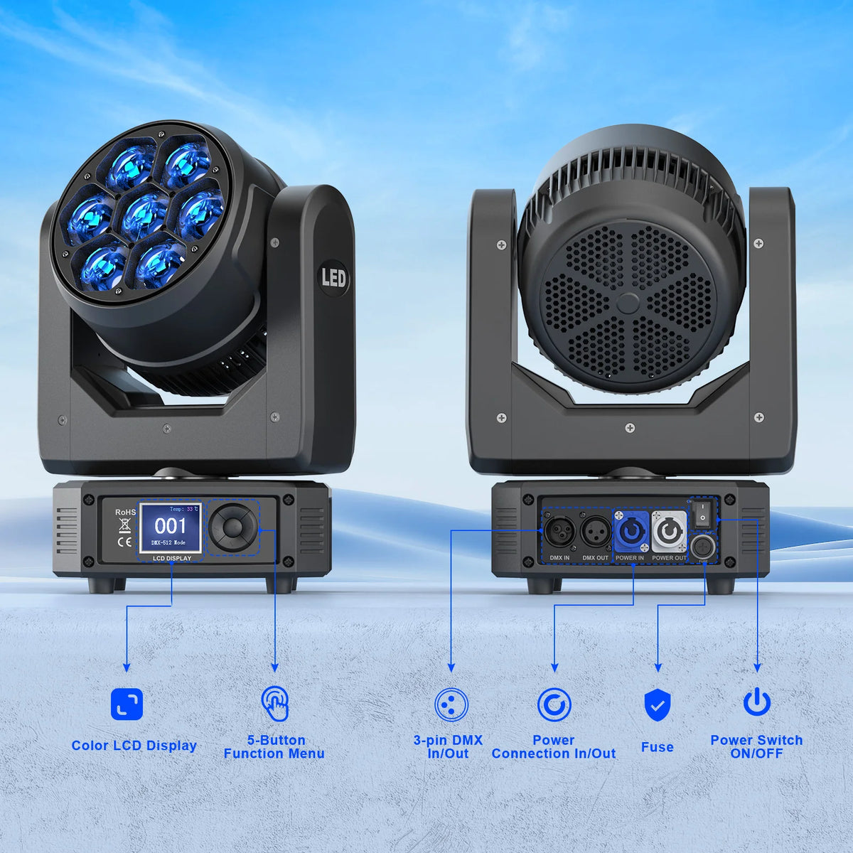 U'King 4Pcs 300W Moving Head DJ Lights 7LEDs RGBW BEE'S EYE Beam Stage Lights DMX512 Control For KTV Bar Christmas Wedding Party