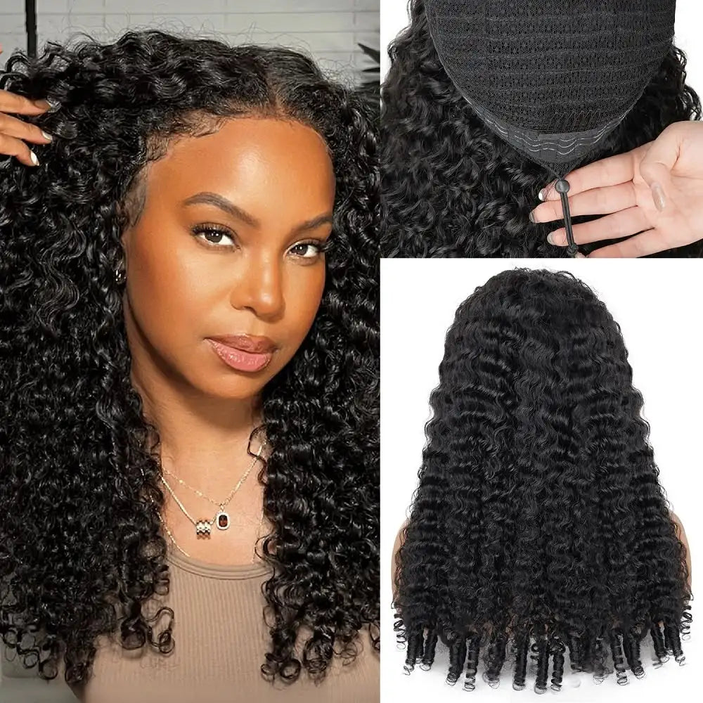 Burmese Curly 3 IN 1 Half Wigs Human Hair With Drawstring 210 Density Burmese Curly Hair Half Wig Deep Wave Ready to Wear Half Wigs Full Machine Wig
