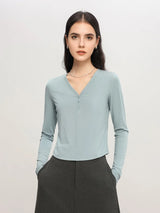 SuyaDream Women Solid Short T Shirts, Silk Viscose Blend, V Neck, Long Sleeved Tee, 2025 Spring Autumn Crop Top