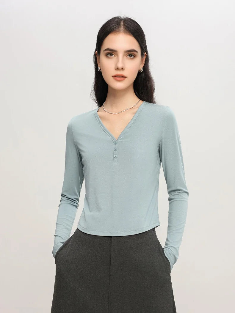 SuyaDream Women Solid Short T Shirts, Silk Viscose Blend, V Neck, Long Sleeved Tee, 2025 Spring Autumn Crop Top