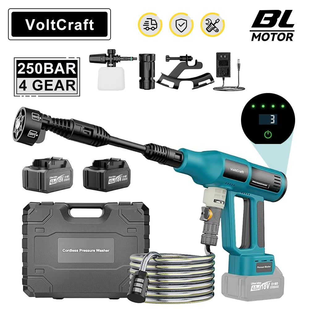 250Bar Brushless Electric High Pressure Car Washer Gun 6-in-1 4 Gears Car Washing Garden Water Spray Gun for Makita 18V Battery