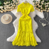 Ele Hollow out Lace Stand Collar Dr Women's Summer Faionable Fi Tail Gown Svel High Waist A-Line Skirt