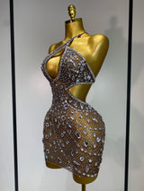 Sexy Sparkly Diamond Backless Short Dress 2025 Women Sleeveless Mesh See Through Evening Birthday Gown Singer Stage Outfit