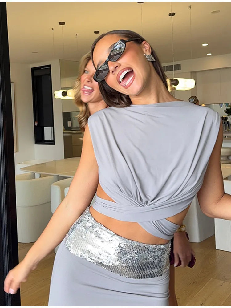 Women's Summer New Two Piece Crop Top + Maxi Skirt Set Sequin Waist Sleeveless Party Evening Dress Fashioned Clubwear Nightout