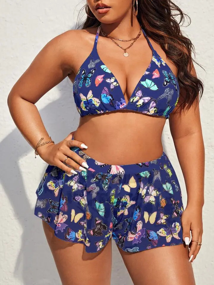 2026 Butterfly Print Plus Size Tankini Set Women Large Mesh Shorts SwimWear Ladies Beach Curvy Halter Backless 3 Piece Swimsuit