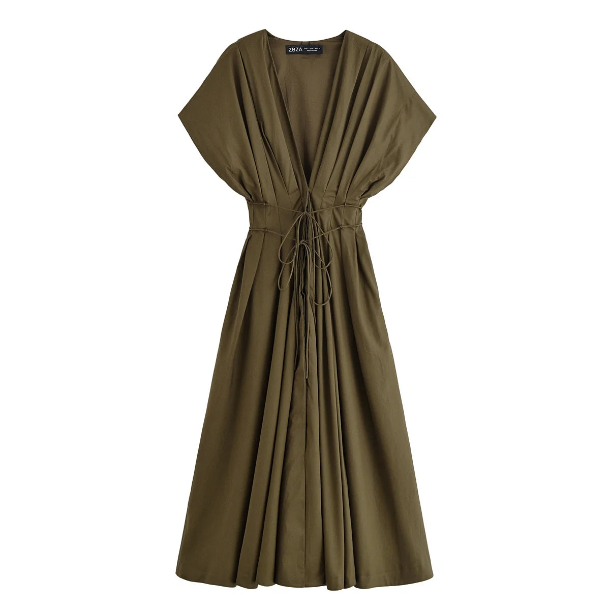 HH Female Summer Elegant Long Dress Solid V-Neck Short Sleeve Bow Lace-Up Single-Breasted Women's Fashion Casual Dress