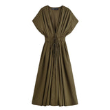 HH Female Summer Elegant Long Dress Solid V-Neck Short Sleeve Bow Lace-Up Single-Breasted Women's Fashion Casual Dress