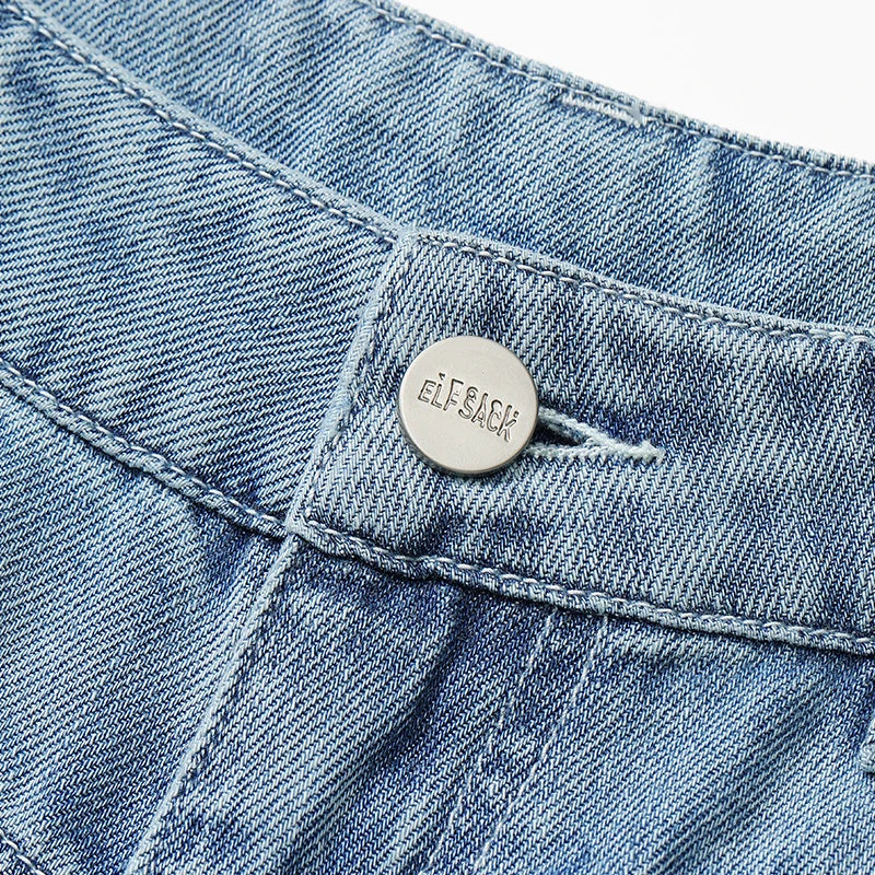ELFSACK Women's Loose Wide Leg Jeans with Contrast Stitching, Vintage Blue Denim Pants, Casual Asymmetrical Daily Trousers