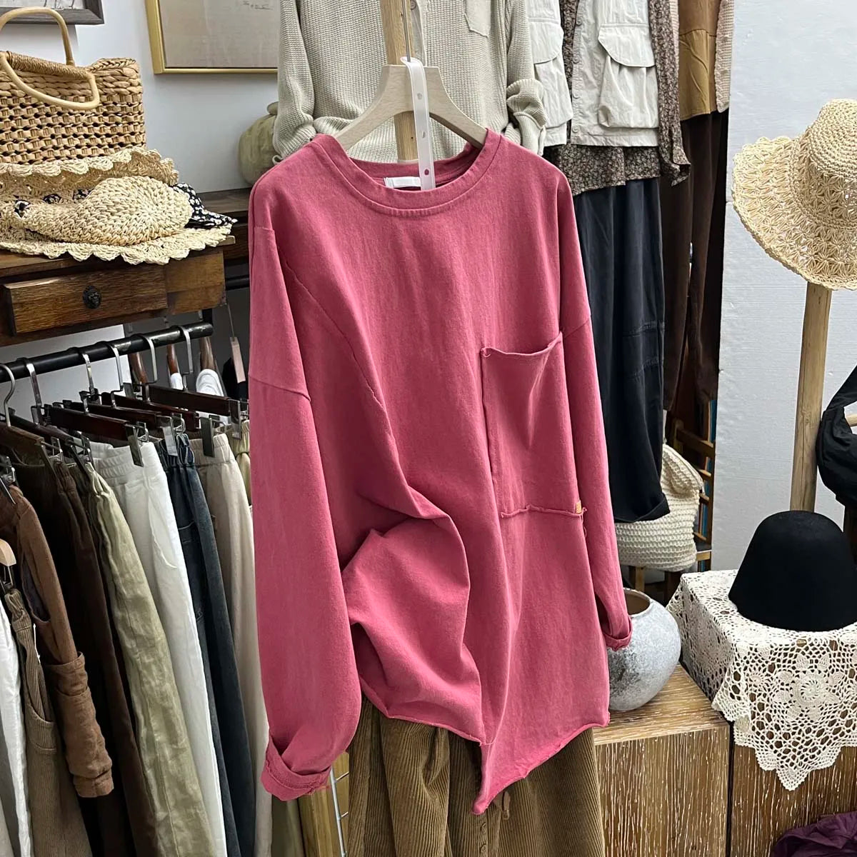 Autumn Women T shirt o neck Long Sleeve Solid Color Irregular Basic Tops Pockets Loose Casual Lady Blouse Female YoYiKamomo