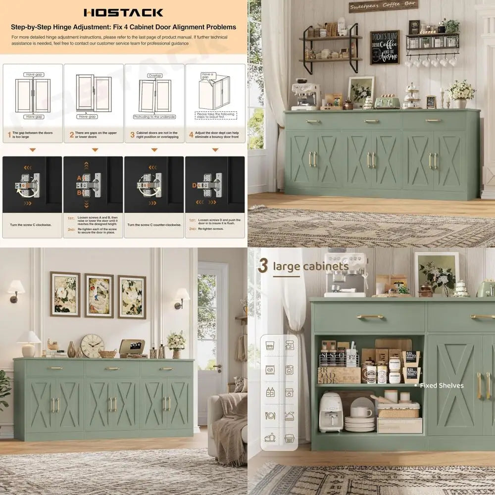 71 Large Sideboard Buffet Cabinet with Storage, 3 Drawers, Green, Ideal for Kitchen, Dining, and Living Rooms