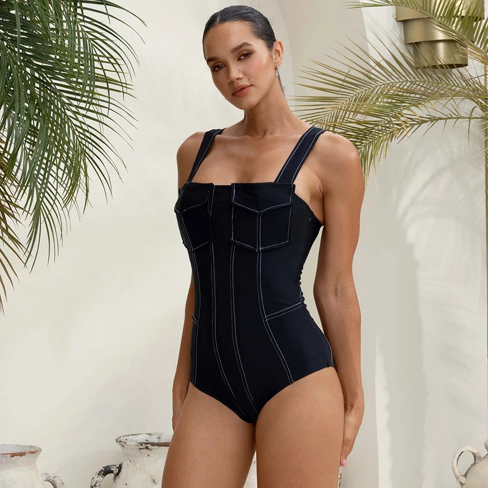 FLAXMAKER Pockets One Piece Swimsuit and Pants Women Swimwear Bodysuit Dress