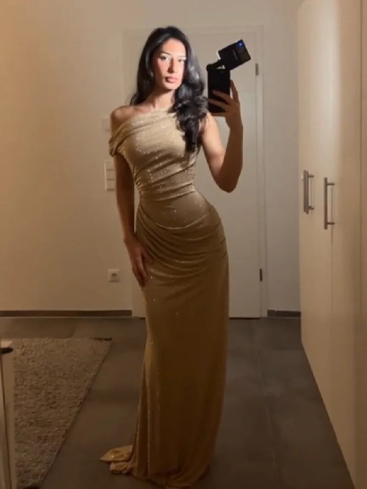 Women Stunning Nude Sparkle Prom Dress Off-shoulder Ruched Detail Shiny Crystal Long Formal Gown Special Occasion Party Dresses
