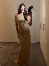 Women Stunning Nude Sparkle Prom Dress Off-shoulder Ruched Detail Shiny Crystal Long Formal Gown Special Occasion Party Dresses