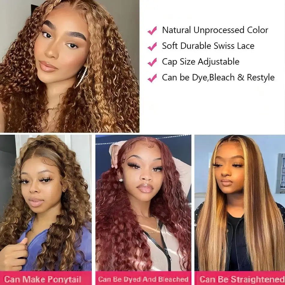 Deep Wave Curly Human Hair Wig Honey Blonde Highlight Wig Human Hair 5x5