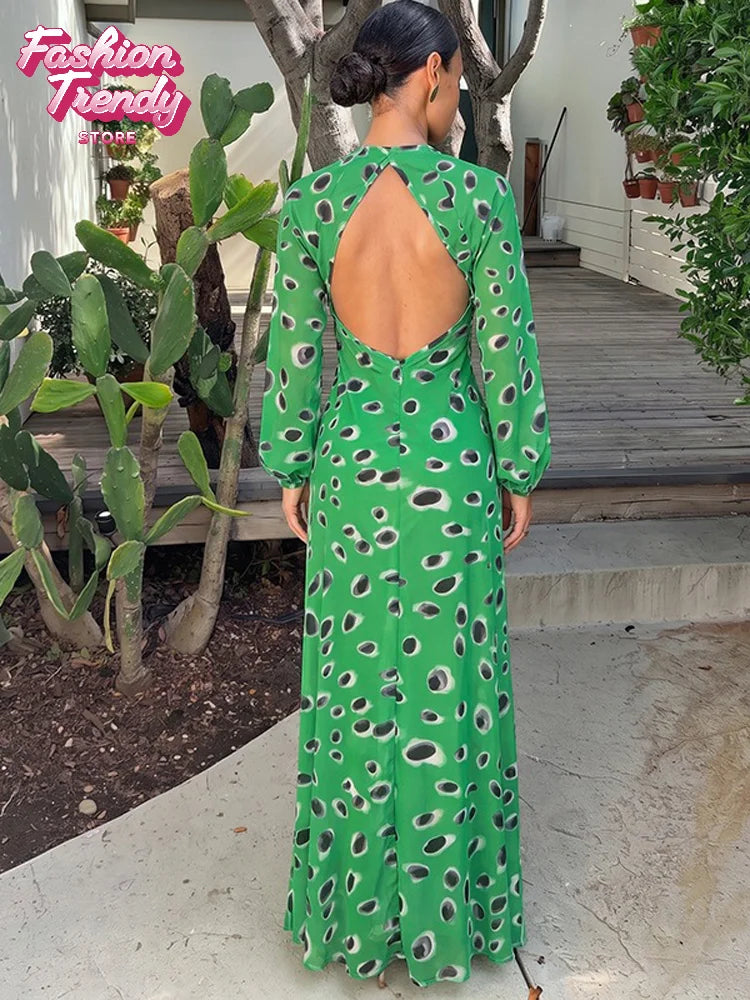 Women Vintage Green Print Dress Loose V-neck Waist-cinching Long Sleeve Print Maxi Dresses Tropicsal Summer Outing Gown 2026 New