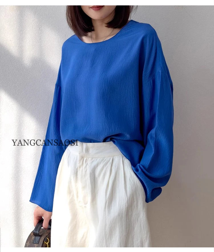 2025 Women's Leisure Summer New 100% Natural Mulberry Silk Bubble Crepe Long Sleeve Air Feel Loose Round Neck Solid T-shirt