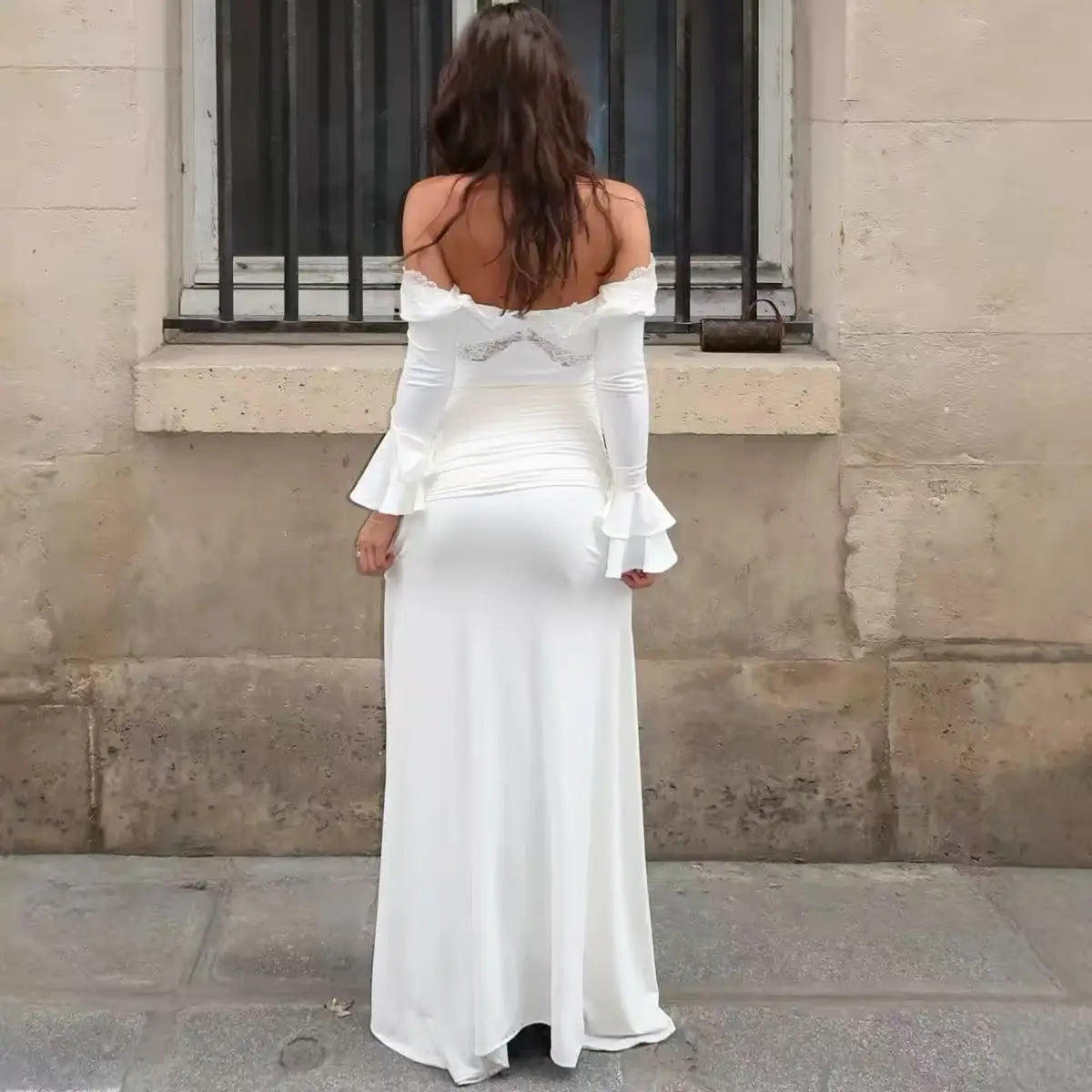 2025 Autumn Long Sleeve Sexy Maxi Dress For Women Fashion Lace Patchwork V Neck Backless Draped Ruched Club Party Long Dress