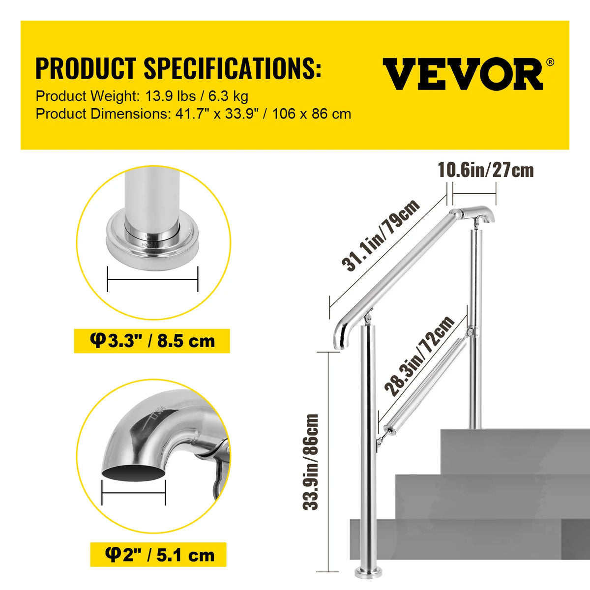 SucceBuy 3-5 Step Railing Stainless Steel Transitional Handrail Fit For Level Surface Adjustable Stair Railing Safely Downstairs