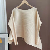 Miyake Pleated Round Neck Irregular Top Women Loose Casual T-shirt
